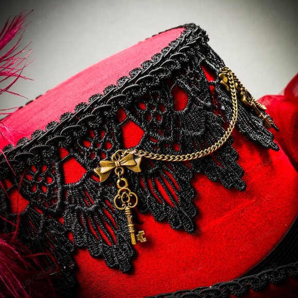 Lace Feather Victoria Steampunk Top Hat Goggle Red - Picture 8 of 9